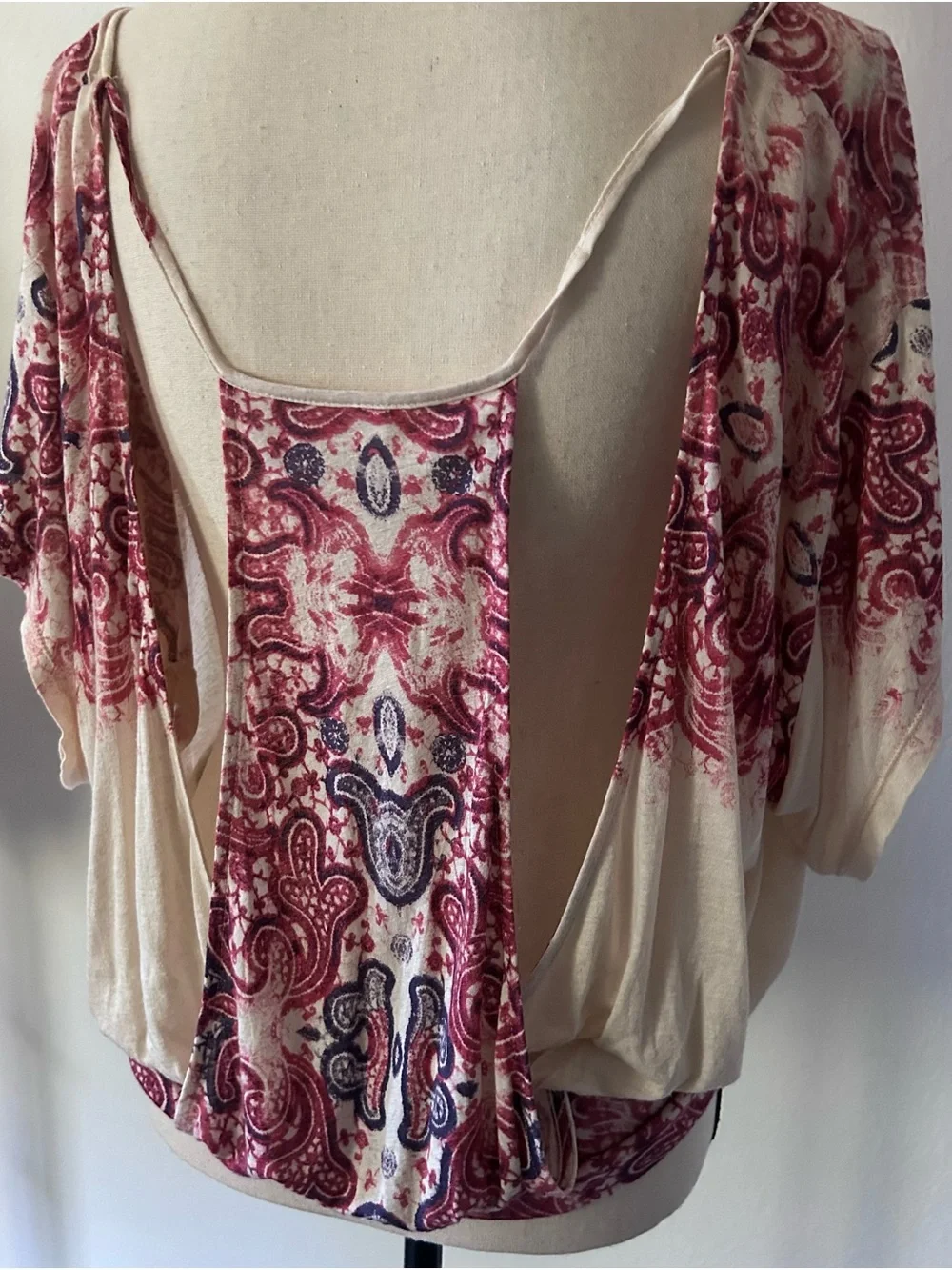 Free People Boho Cream Tunic Magenta Paisley Print M Fairycore Country Top